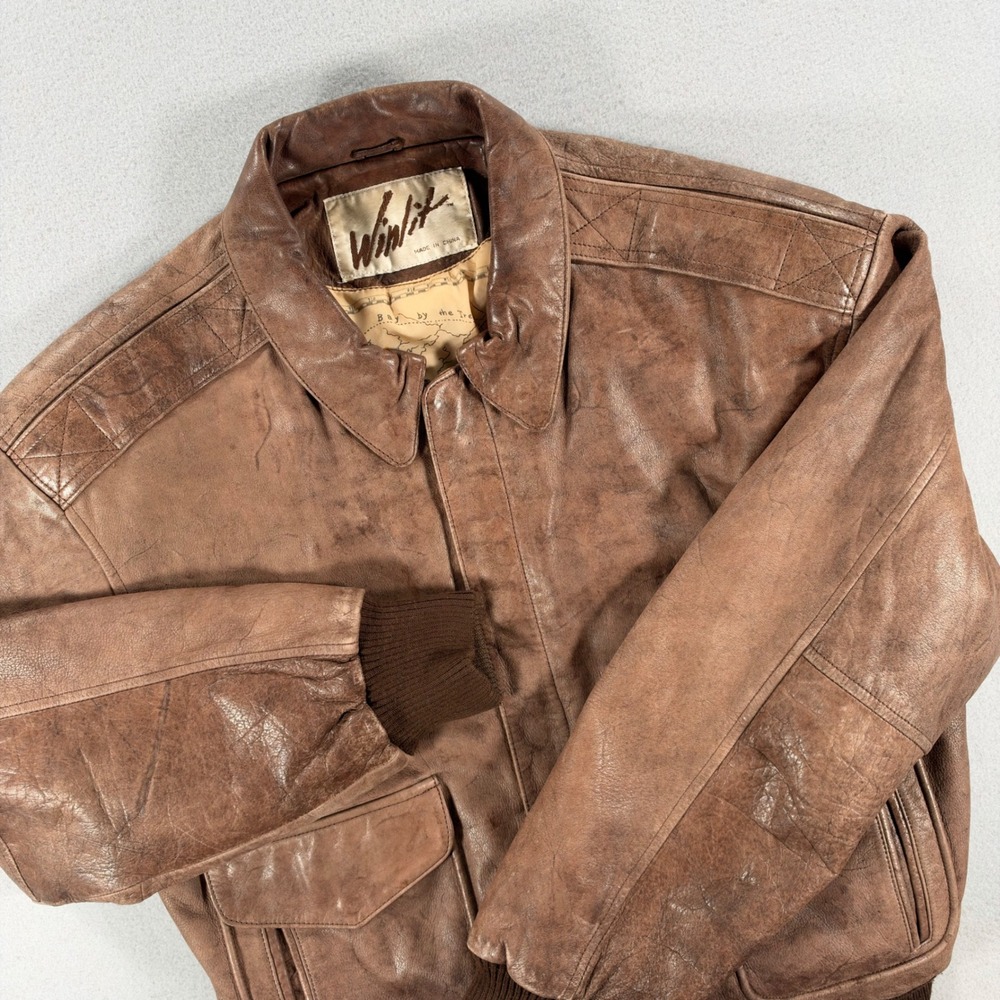 Winlit Vintage A-2 Style Brown Leather Flight Bomber Jacket Map Lined Medium